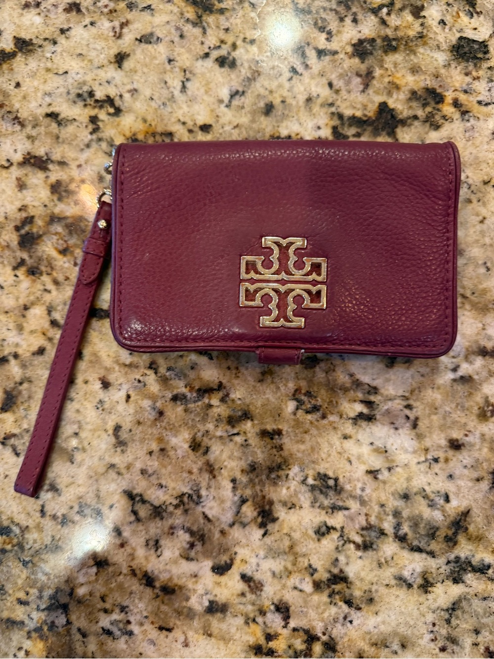 Tory Burch Burgundy Leather Wristlet with Gold Logo